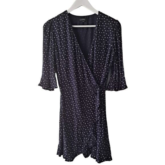 Loft Navy Blue Polka Dotted Short Bell Sleeve Ruffle Wrap Romper Dress - Size 2 - Picture 1 of 13